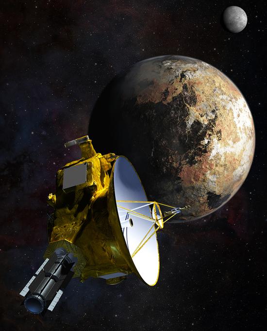 艺术示意图：新地平线号探测器抵达冥王星附近。