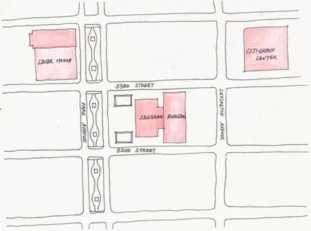 利华大厦、西格拉姆大厦与花旗银行大厦，三座建筑的地块关系示意图（绘图 By 史伦）