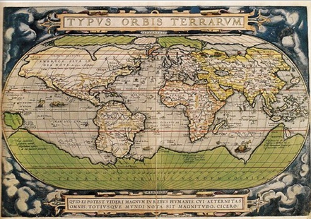 1570奥特利乌斯世界地图：保留了托勒密地图的南方未知大陆，这也是传教士利玛窦世界地图的原型