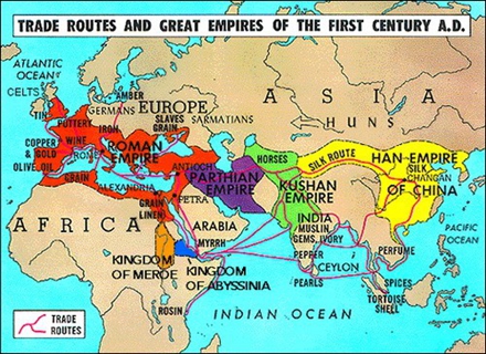 公元1世纪的世界贸易路线：亚历山大港(ALEXANDRIA)连接了地中海和红海、亚丁湾、印度洋、孟加拉湾和南中国海的海上贸易路线