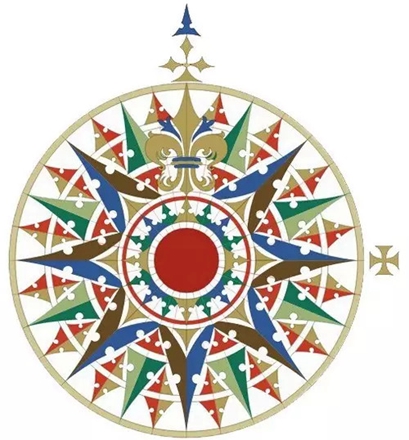 融入了装饰美学的指南玫瑰：上端鸢尾花徽为北方标识，右端十字架为东方标识