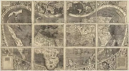 1507年的瓦尔德西穆勒(Waldseemüller)地图，第一次呈现了美洲是一个独立的大陆：亚洲大陆的轮廓和“以北为上”的地图方位的绘制方法依旧沿袭了托勒密世界地图