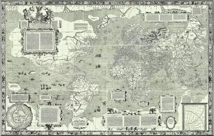 1569年墨卡托投影地图：地图保留了波特兰海图的指南玫瑰和纵横交错的恒向线