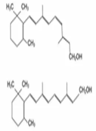 全反型（all-trans retinal）视黄醛（上）与11顺型（11-cis retinal）视黄醛（下）。