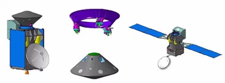 “火星生命”2016任务。其中，图左为轨道器和着陆验证器的组合体，图中为着陆验证器，图右为轨道器。