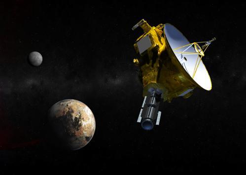 艺术家绘制的新地平线号飞船，它将在2015年夏天接近冥王星和它的三个卫星