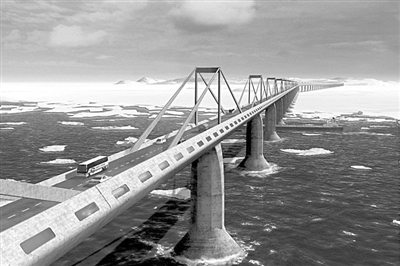 白令海峡大桥（构想图）可将亚洲和北美洲连接在一起。